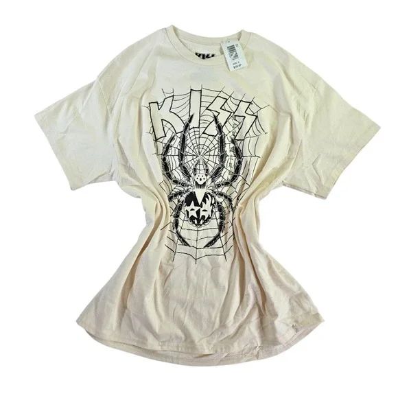 KISS Spider Web Graphic Tee XL Band Tour T-Shirt Beige Rock Vintage Style - Picture 3 of 6